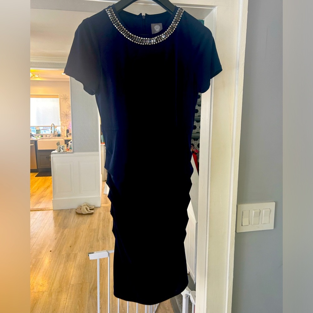 Navy embellished ruched dress